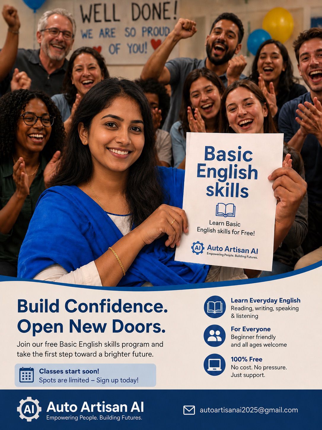 Learner celebrating basic English skills